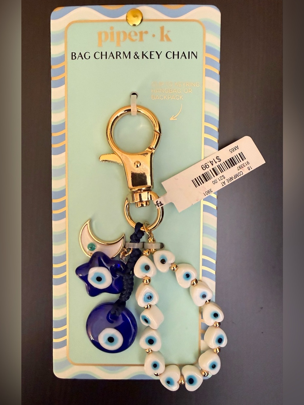 piper•k Gold Evil Eye Charm Key Chain - Blue & White NWT